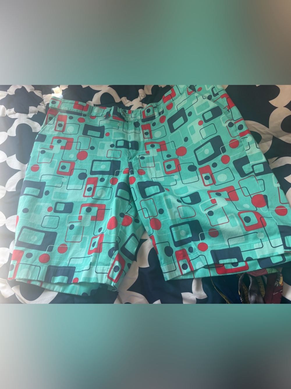 Loudmouth Teal Geometric Print Shorts with Red Accents